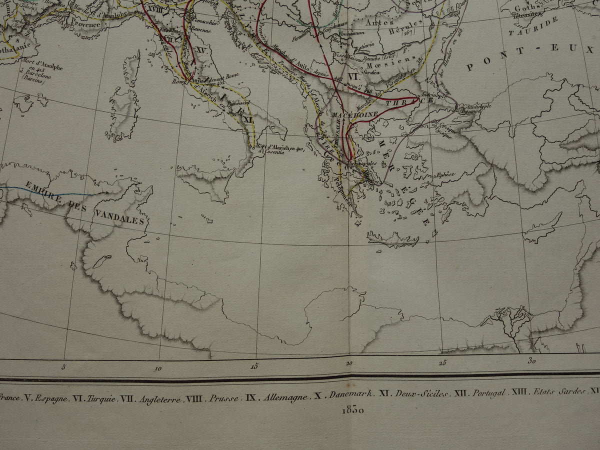 Old map of Europe Great Migration original antique map from 1830 history map