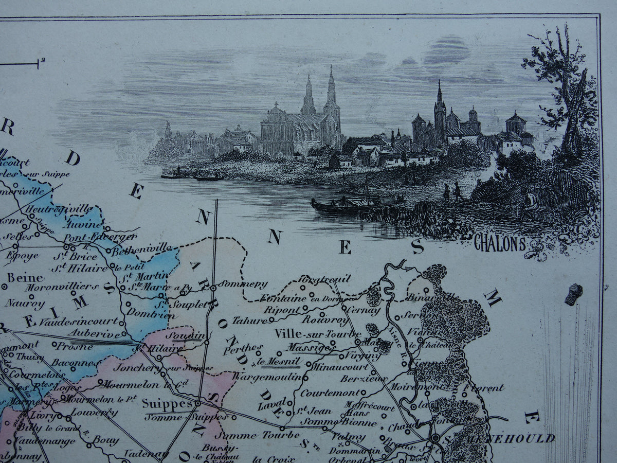 Old map Marne department in France from 1856 original antique hand-colored map Chalons