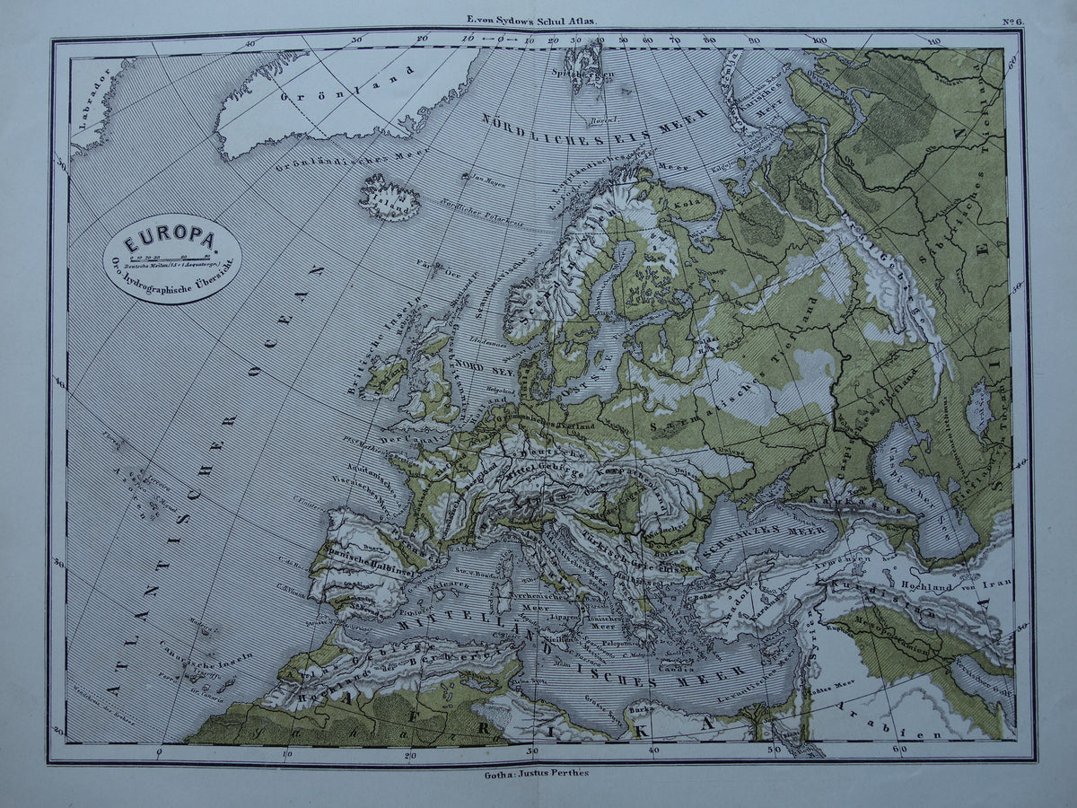 EUROPA antieke oro hydrografische kaart uit 1875 oude landkaart van rivieren en gebergten hoogtekaart