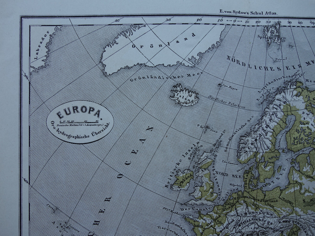 EUROPA antieke oro hydrografische kaart uit 1875 oude landkaart van rivieren en gebergten hoogtekaart