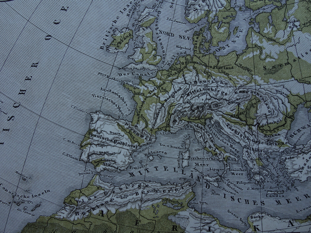 EUROPA antieke oro hydrografische kaart uit 1875 oude landkaart van rivieren en gebergten hoogtekaart