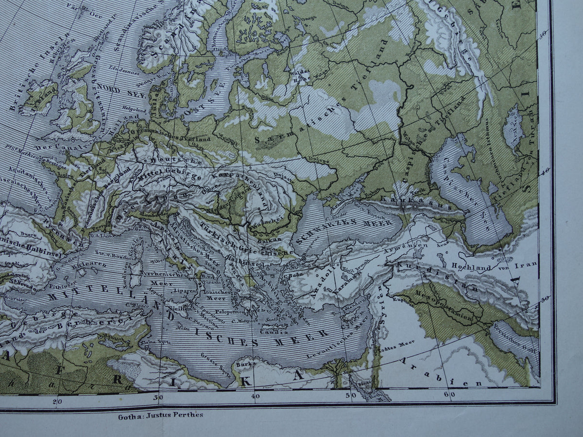 EUROPA antieke oro hydrografische kaart uit 1875 oude landkaart van rivieren en gebergten hoogtekaart