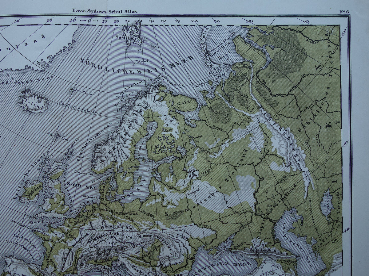 EUROPA antieke oro hydrografische kaart uit 1875 oude landkaart van rivieren en gebergten hoogtekaart