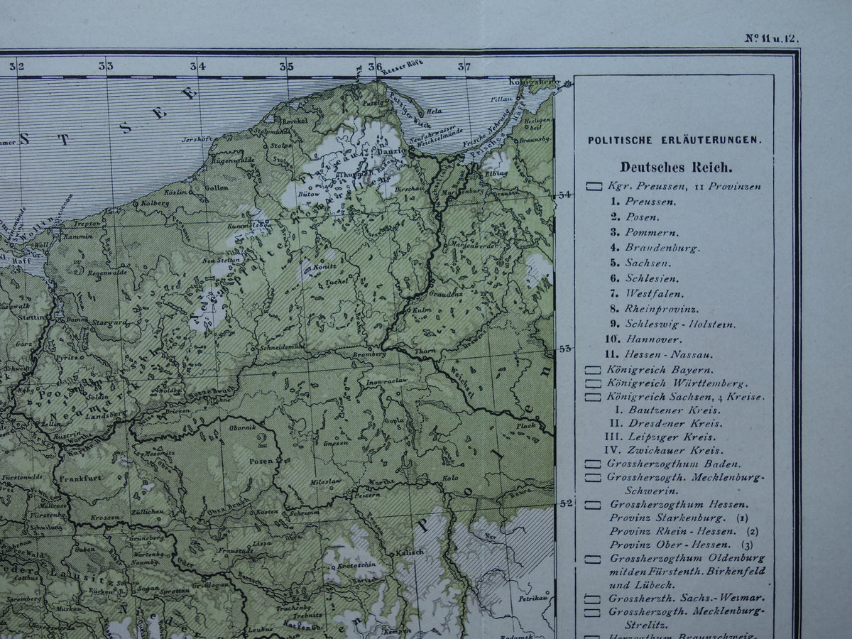 DUITSE RIJK Antieke kaart uit 1875 oude landkaart van Duitsland Polen Nederland