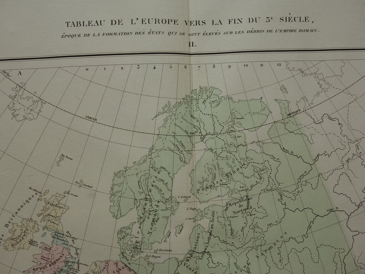 Oude kaart van Europa eind 5e eeuw Val van het Romeinse Rijk originele antieke landkaart uit 1830 geschiedeniskaart