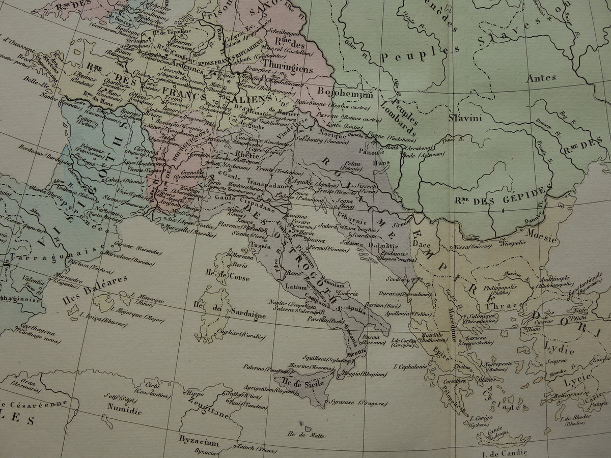 Oude kaart van Europa eind 5e eeuw Val van het Romeinse Rijk originele antieke landkaart uit 1830 geschiedeniskaart