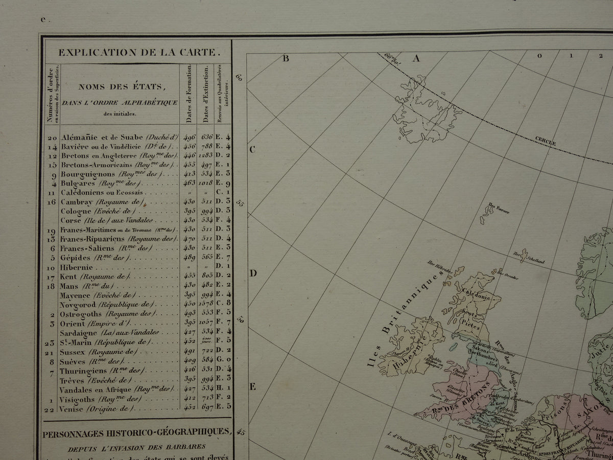 Oude kaart van Europa eind 5e eeuw Val van het Romeinse Rijk originele antieke landkaart uit 1830 geschiedeniskaart
