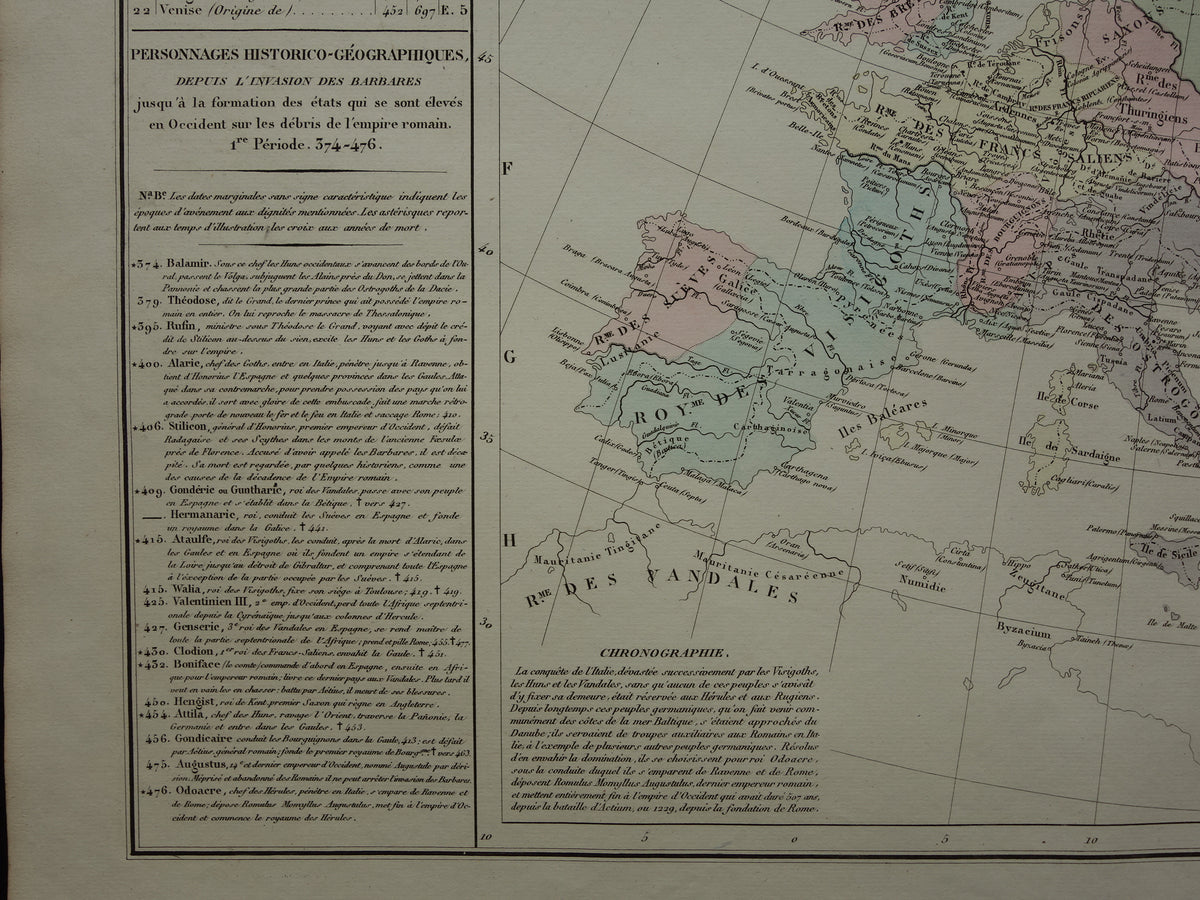 Oude kaart van Europa eind 5e eeuw Val van het Romeinse Rijk originele antieke landkaart uit 1830 geschiedeniskaart