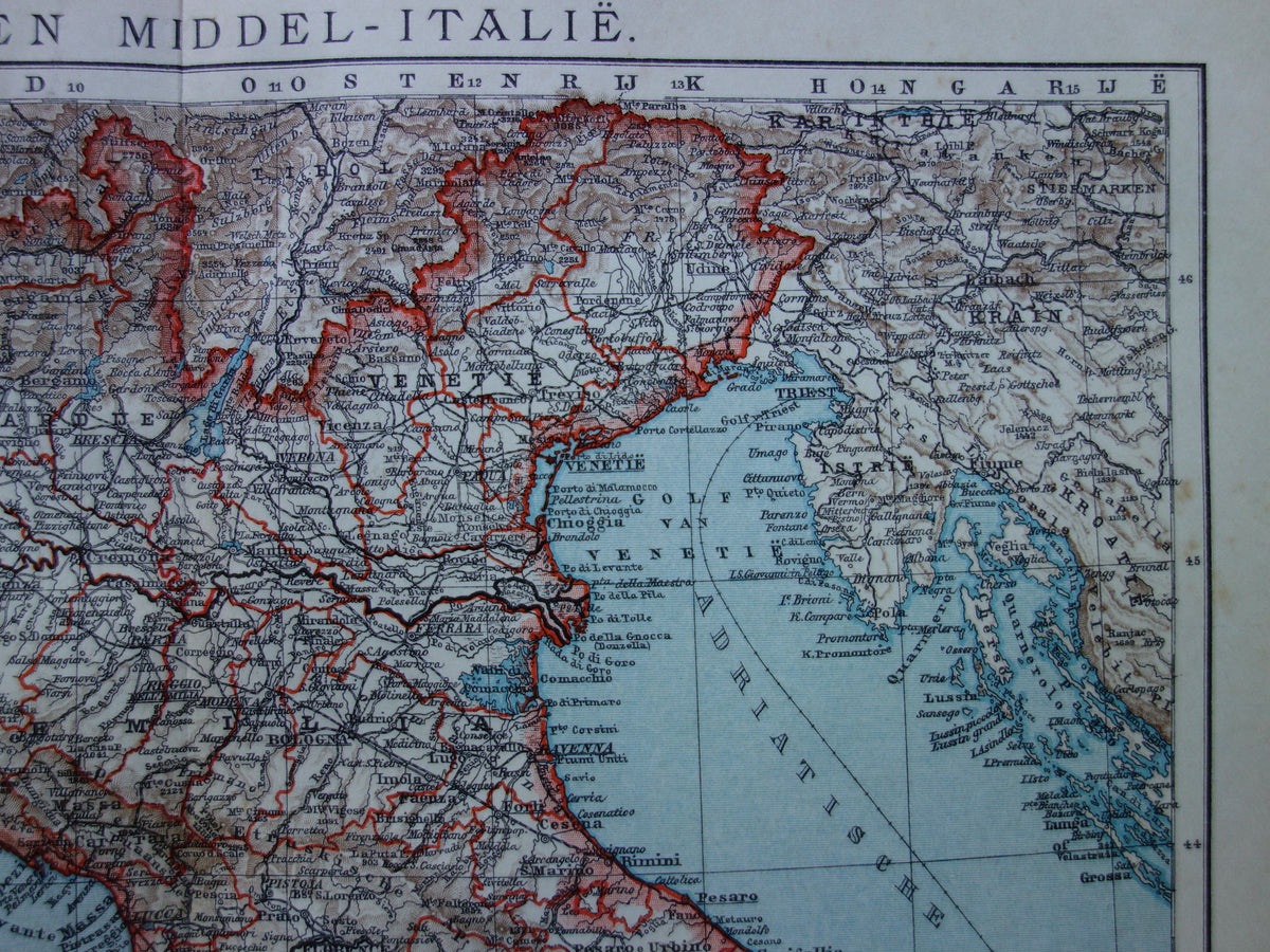 Oude Nederlandse landkaart van Noord-ITALIË uit 1908 originele antieke kaart Italië historische kaarten