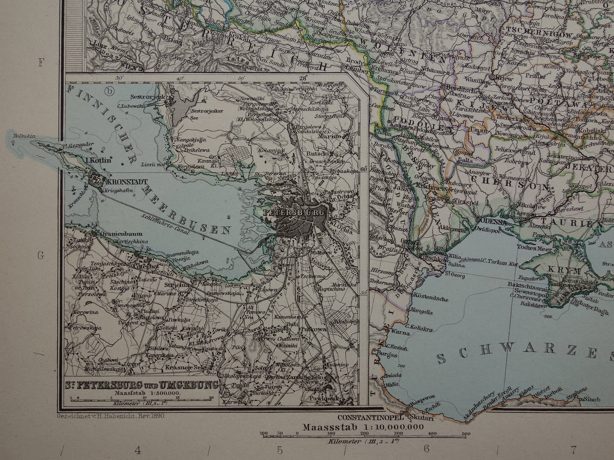 RUSLAND Oude kaart van Europees Rusland uit 1890 originele antieke handgekleurde landkaart