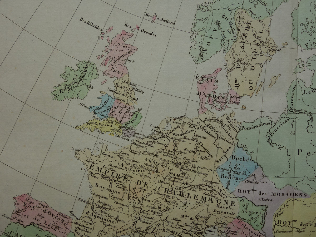Oude kaart van Europa begin 9e eeuw Rijk Karel de Grote originele antieke landkaart uit 1830 geschiedeniskaart