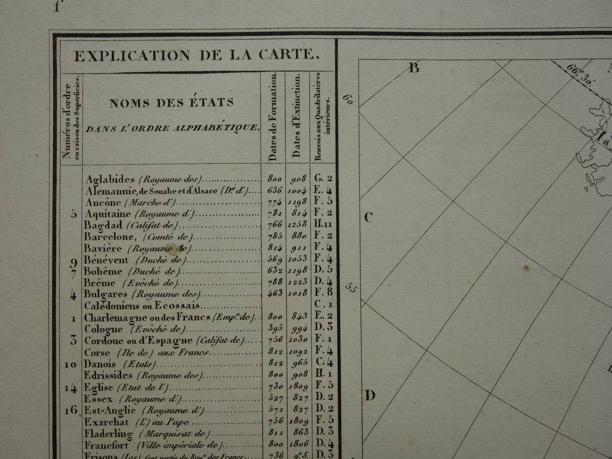 Oude kaart van Europa begin 9e eeuw Rijk Karel de Grote originele antieke landkaart uit 1830 geschiedeniskaart