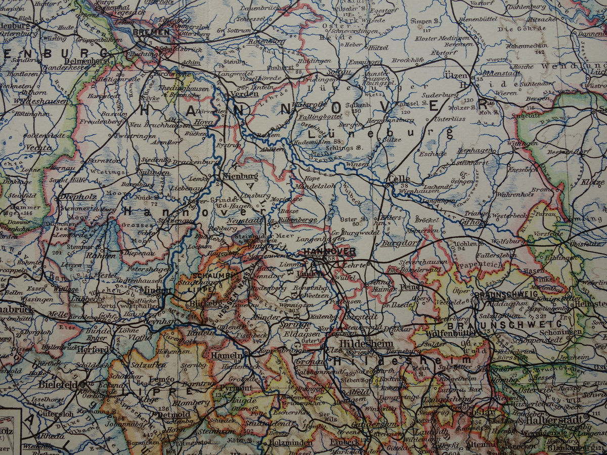 DUITSLAND oude kaart van Nedersaksen Hannover Bremen Hamburg 1913 originele antieke Duitse landkaart van noordwest Duitsland