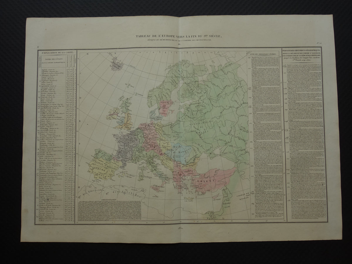 Oude kaart van Europa eind 9e eeuw Opdeling rijk Karel de Grote originele antieke landkaart uit 1830 geschiedeniskaart
