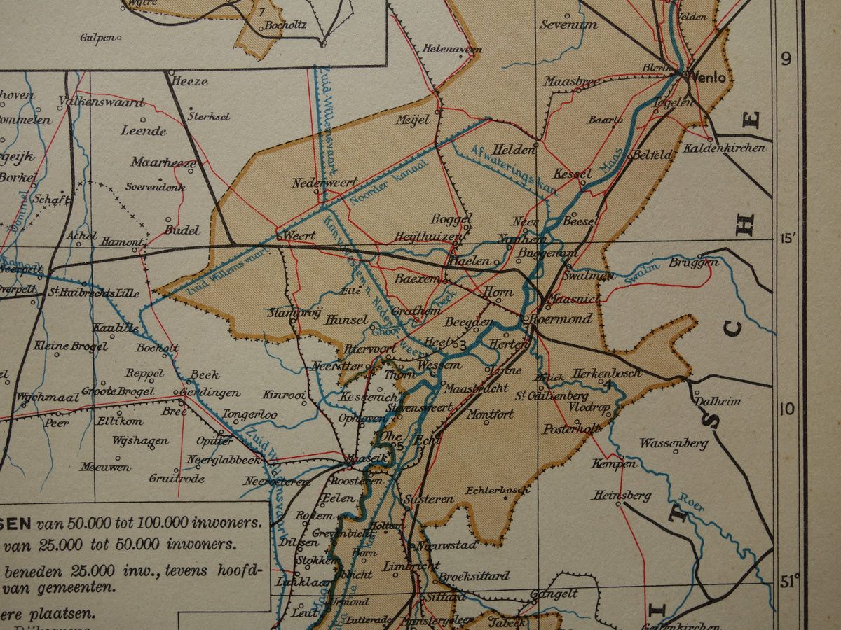 LIMBURG Oude kaart van provincie Limburg uit 1936 Originele vintage Nederlandse landkaart klein