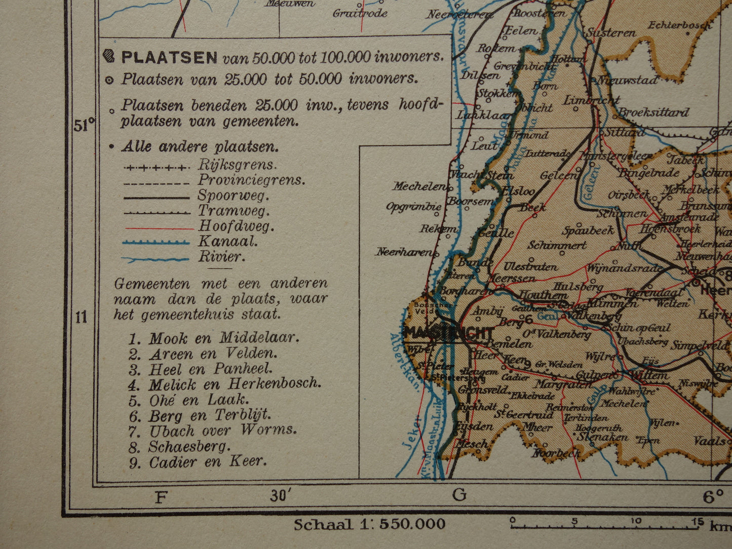 LIMBURG Old map of the province of Limburg from 1936 Original vintage Dutch map small
