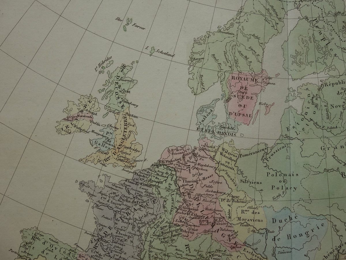 Oude kaart van Europa eind 9e eeuw Opdeling rijk Karel de Grote originele antieke landkaart uit 1830 geschiedeniskaart