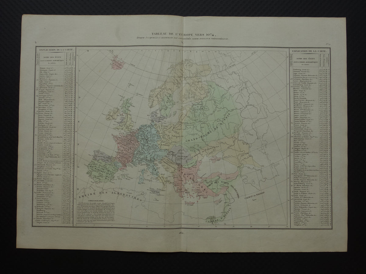 Oude kaart van Europa rond het jaar 1074 originele antieke landkaart uit 1830 geschiedeniskaart