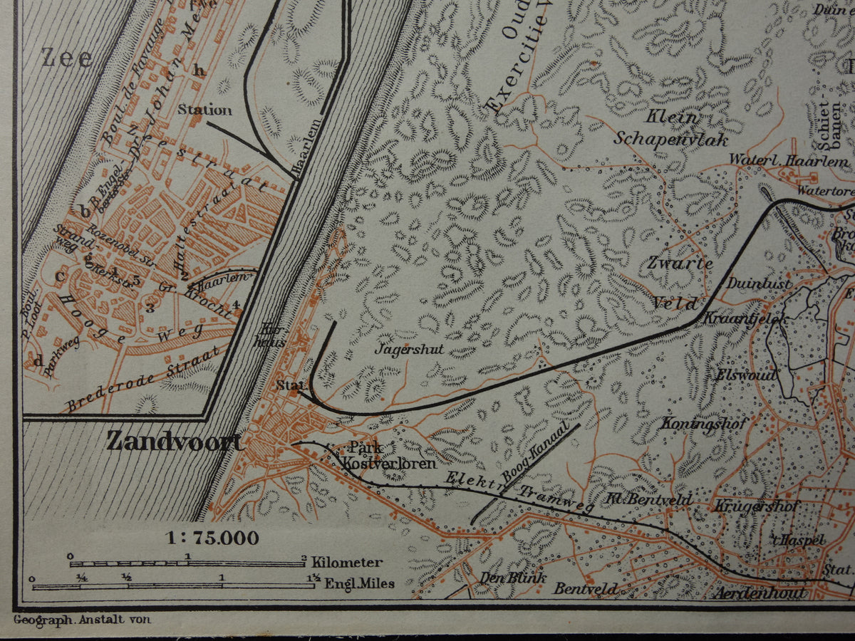 Zandvoort and Haarlem small old map from 1904 small original antique map vintage print Bloemendaal Overveen