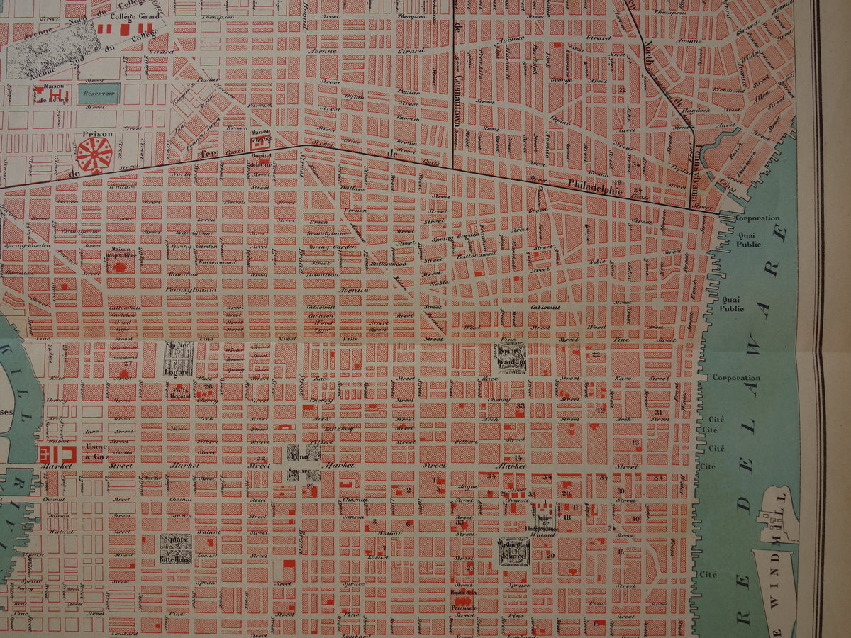 PHILADELPHIA old map from 1877 original antique French map of Philadelphia