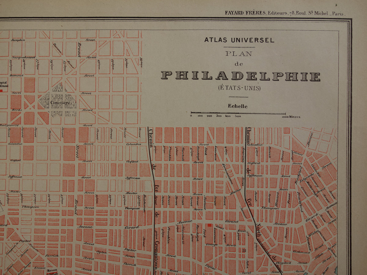 PHILADELPHIA old map from 1877 original antique French map of Philadelphia