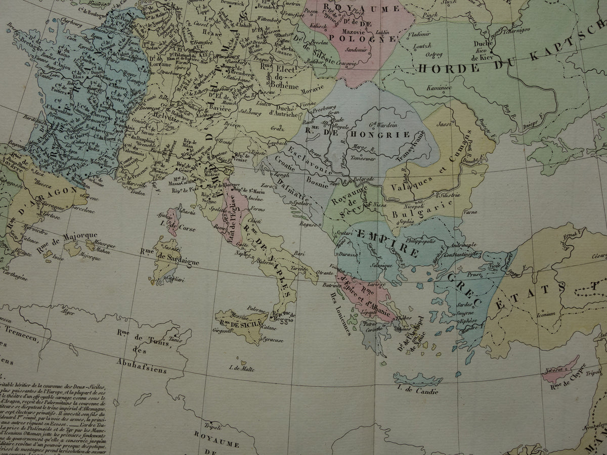 Old map of Europe around the year 1300 Golden Horde original antique map from 1830 history map