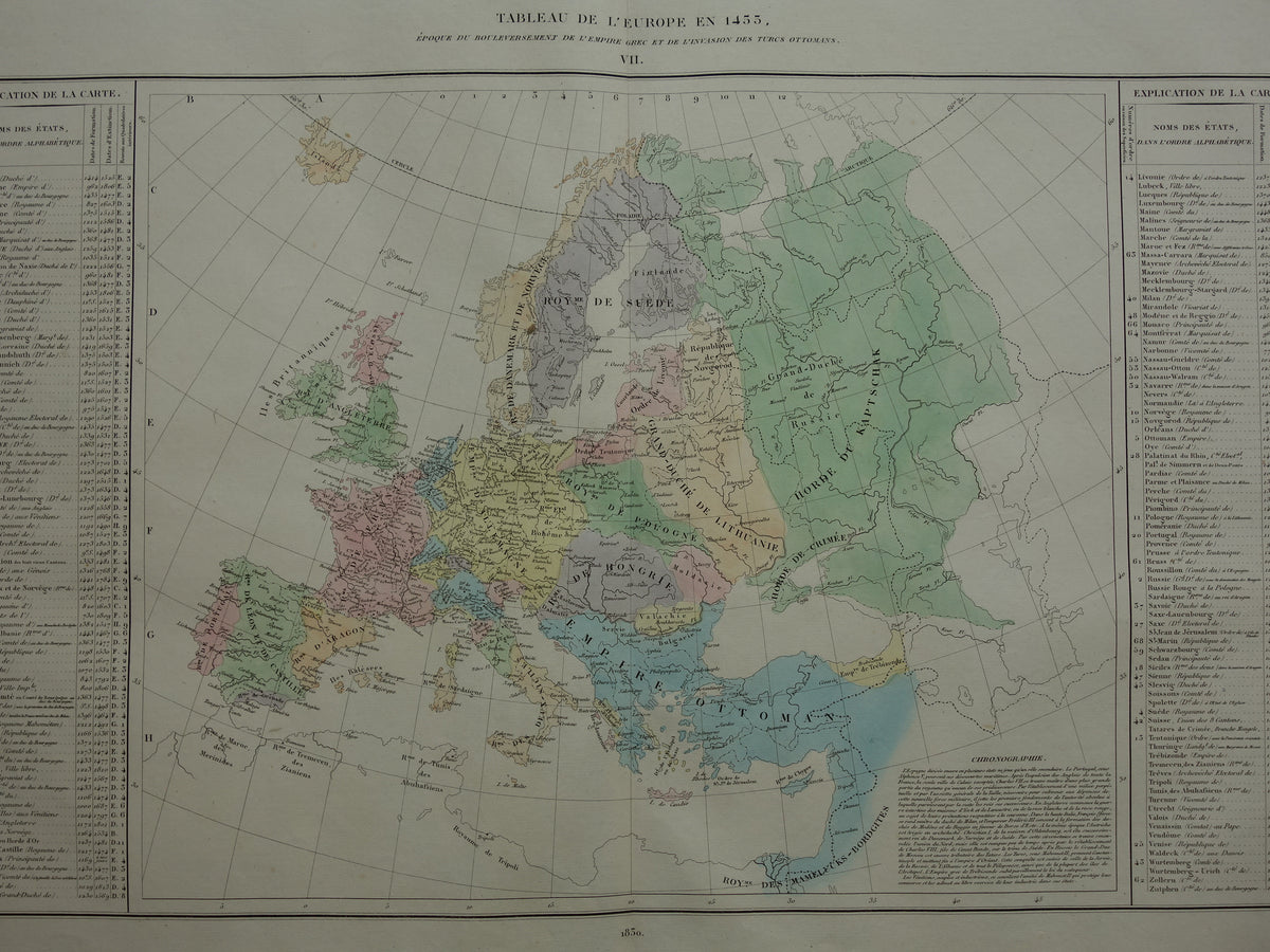 Oude kaart van Europa in het jaar 1455 Grootvorstendom Litouwen originele antieke landkaart uit 1830 geschiedeniskaart