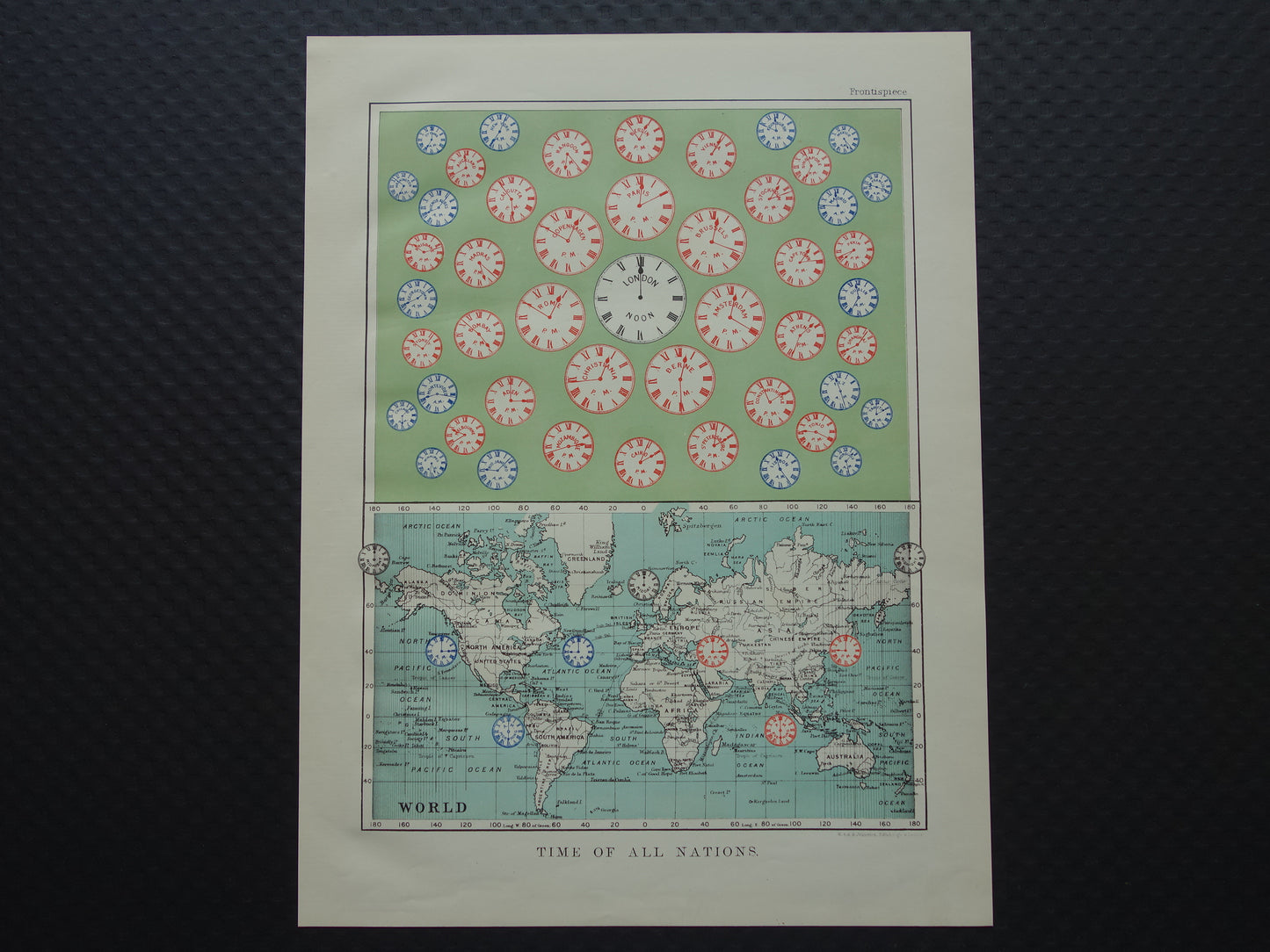 TIME ZONES Old print with world map and clocks about time zone division from 1901 original antique English map