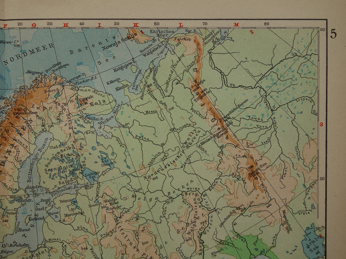 Oude hoogtekaart van Europa uit 1928 originele vintage kaart Alpen Bergen Rivieren Geologie landkaart te koop