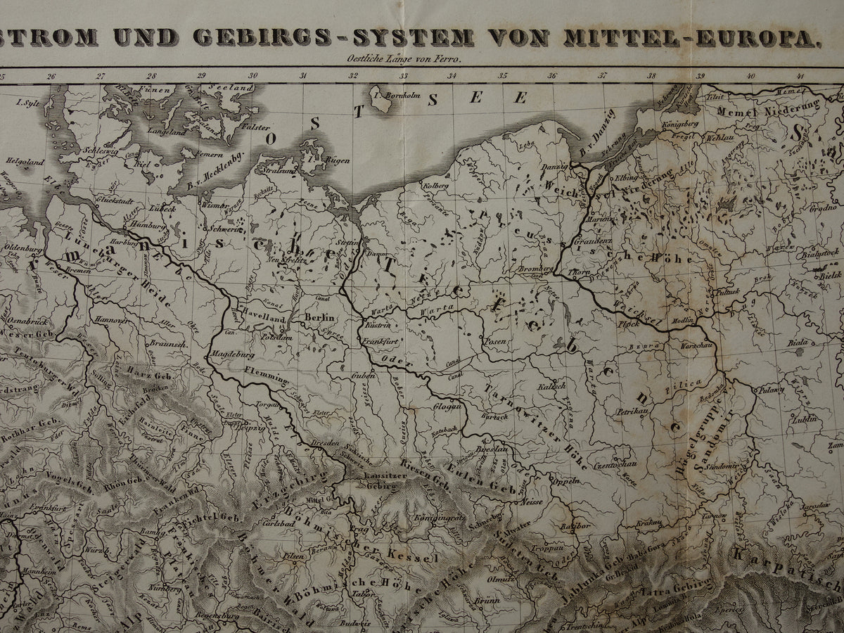CENTRAL EUROPE old map of rivers and mountains from 1849 original vintage historical maps Germany Austria Switzerland Alps mountains elevation map