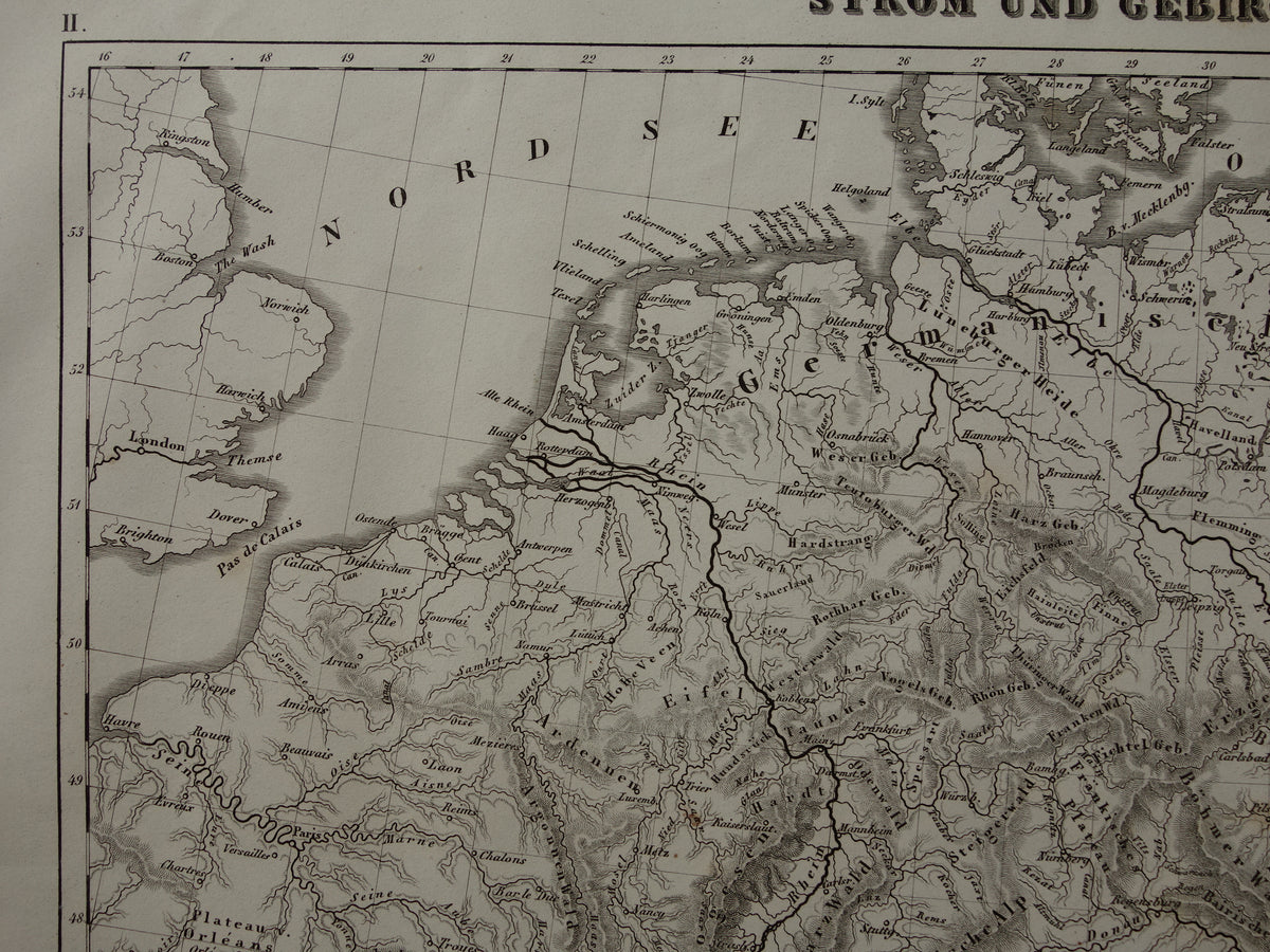 CENTRAL EUROPE old map of rivers and mountains from 1849 original vintage historical maps Germany Austria Switzerland Alps mountains elevation map