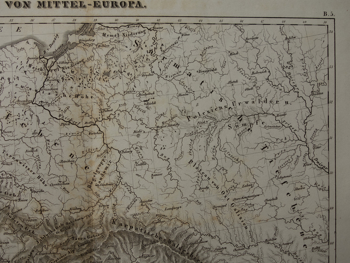 CENTRAL EUROPE old map of rivers and mountains from 1849 original vintage historical maps Germany Austria Switzerland Alps mountains elevation map