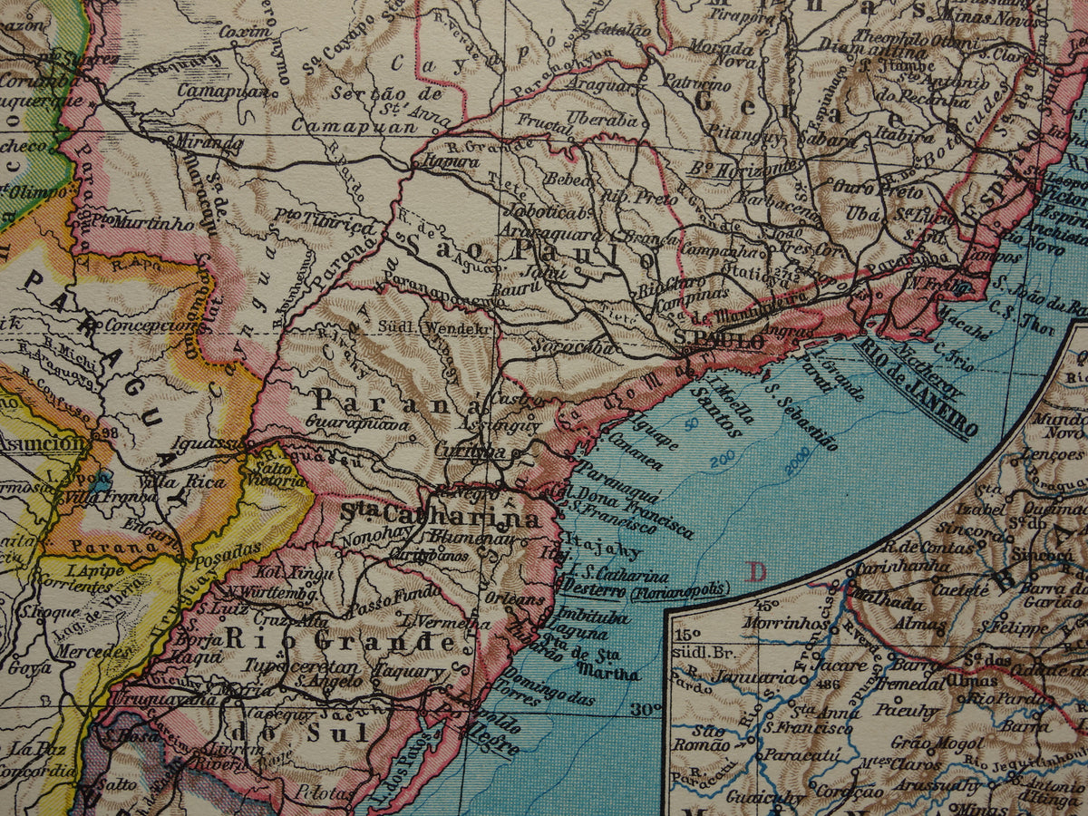 Brazil old map of Brazil from 1928 original vintage map Rio de Janeiro Bahia Sao Paolo