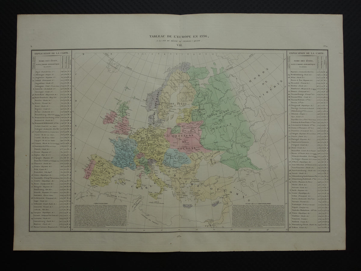 Old map of Europe in the year 1556 Emperor Charles V original antique map from 1830 history map