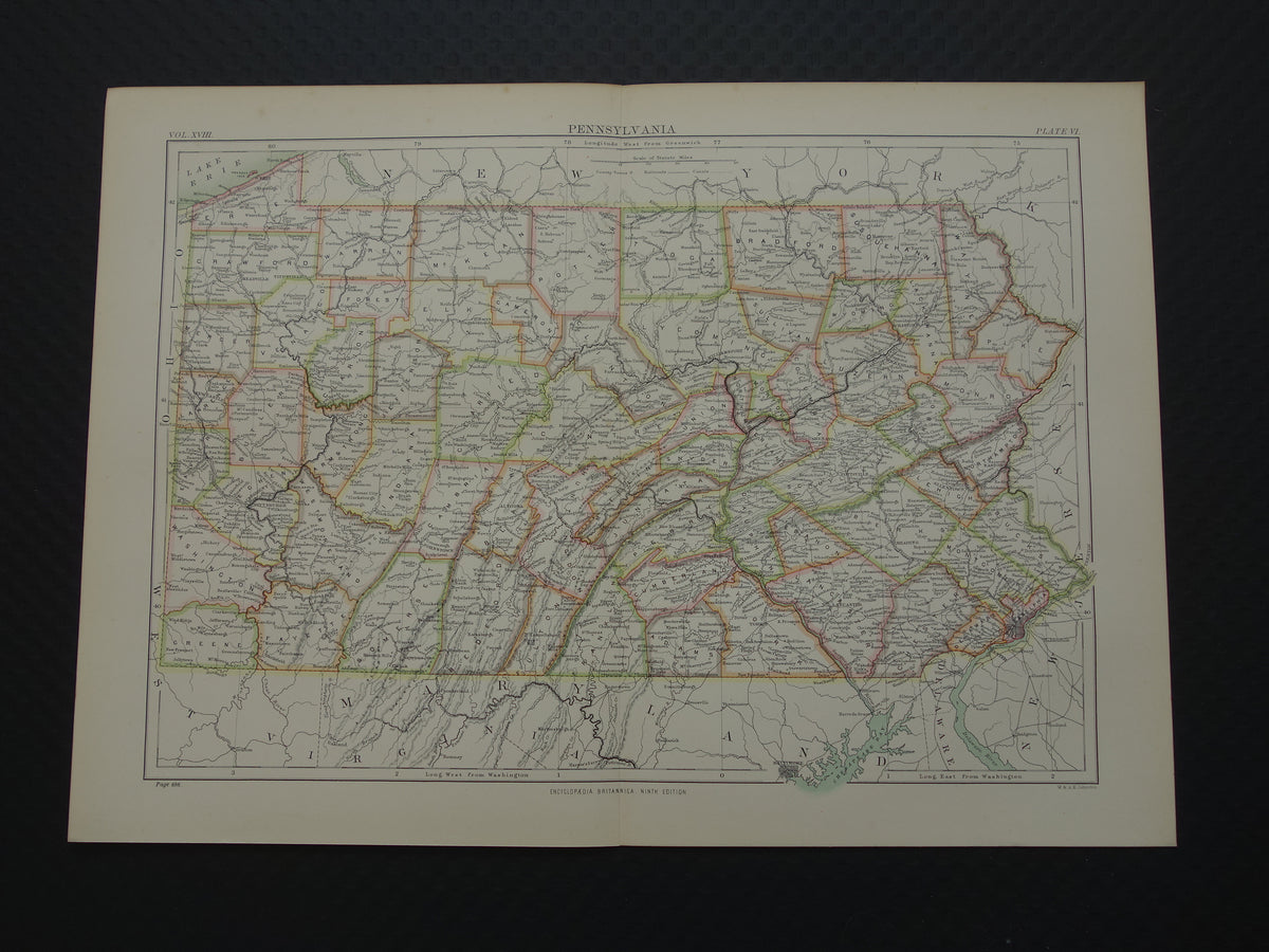 Original old map of PENNSYLVANIA from 1883 antique English map