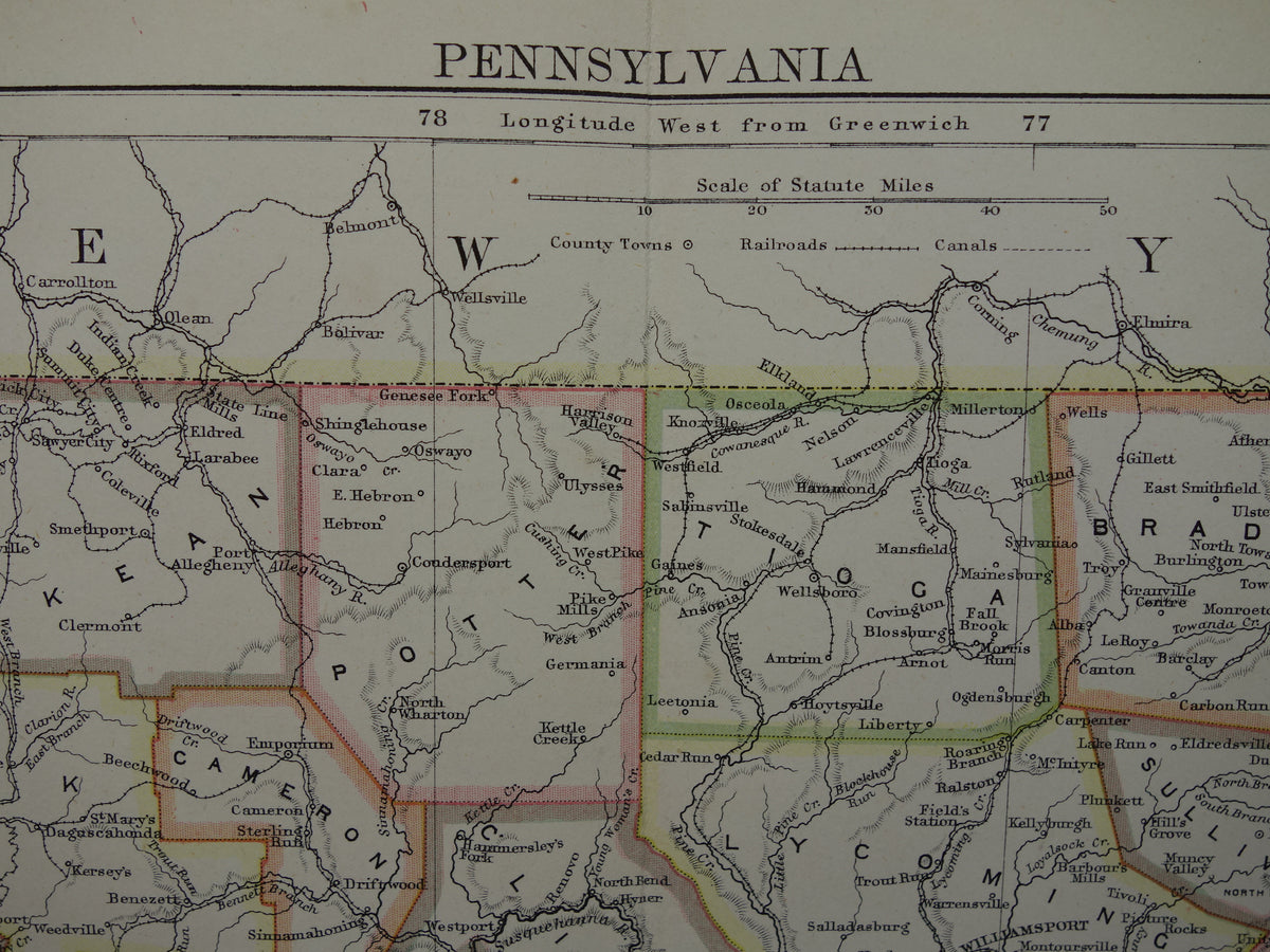 Original old map of PENNSYLVANIA from 1883 antique English map