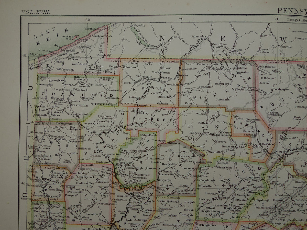 Original old map of PENNSYLVANIA from 1883 antique English map