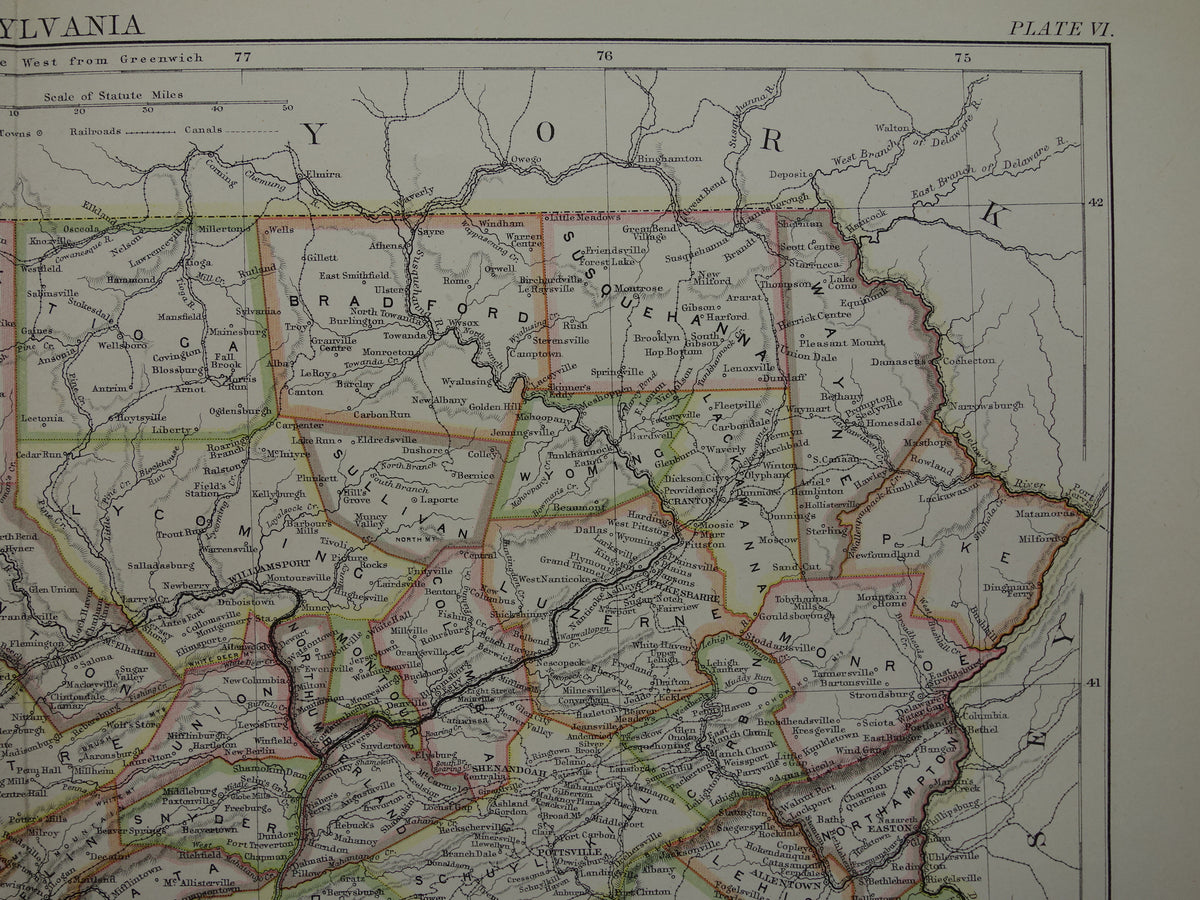 Original old map of PENNSYLVANIA from 1883 antique English map