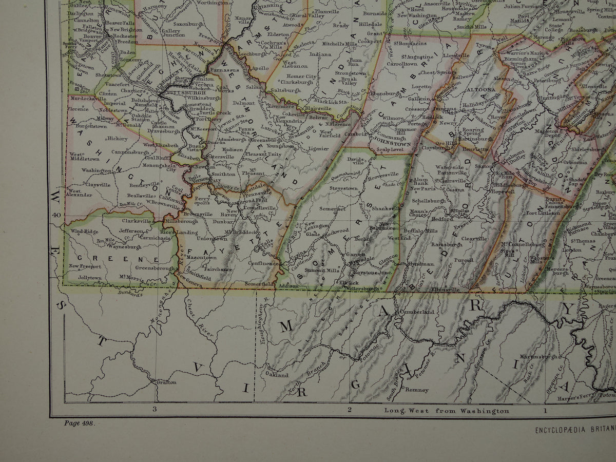 Original old map of PENNSYLVANIA from 1883 antique English map