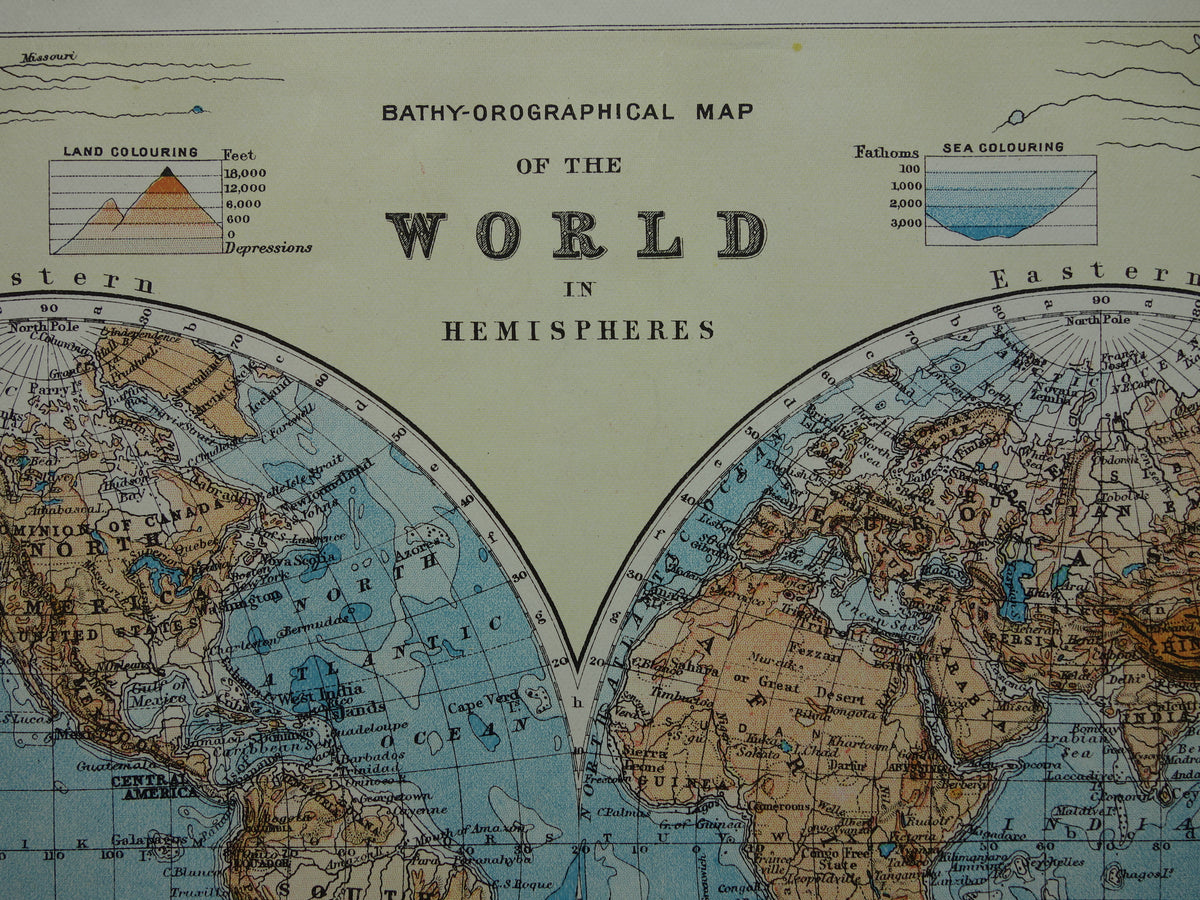 WORLD MAP Old map of the World from 1901 original antique English map Mountain peaks Rivers
