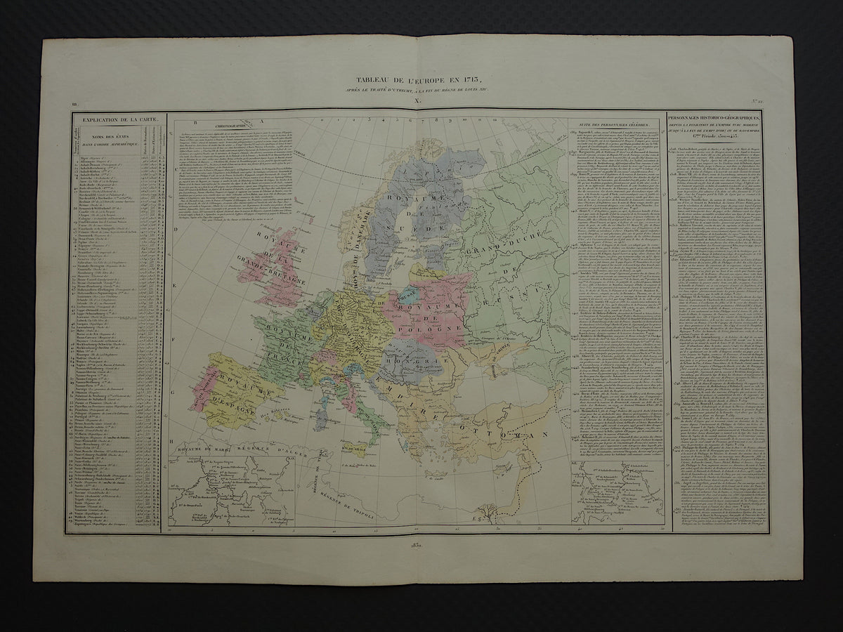 Oude kaart van Europa in het jaar 1713 originele antieke landkaart uit 1830 Vrede van Utrecht geschiedeniskaart