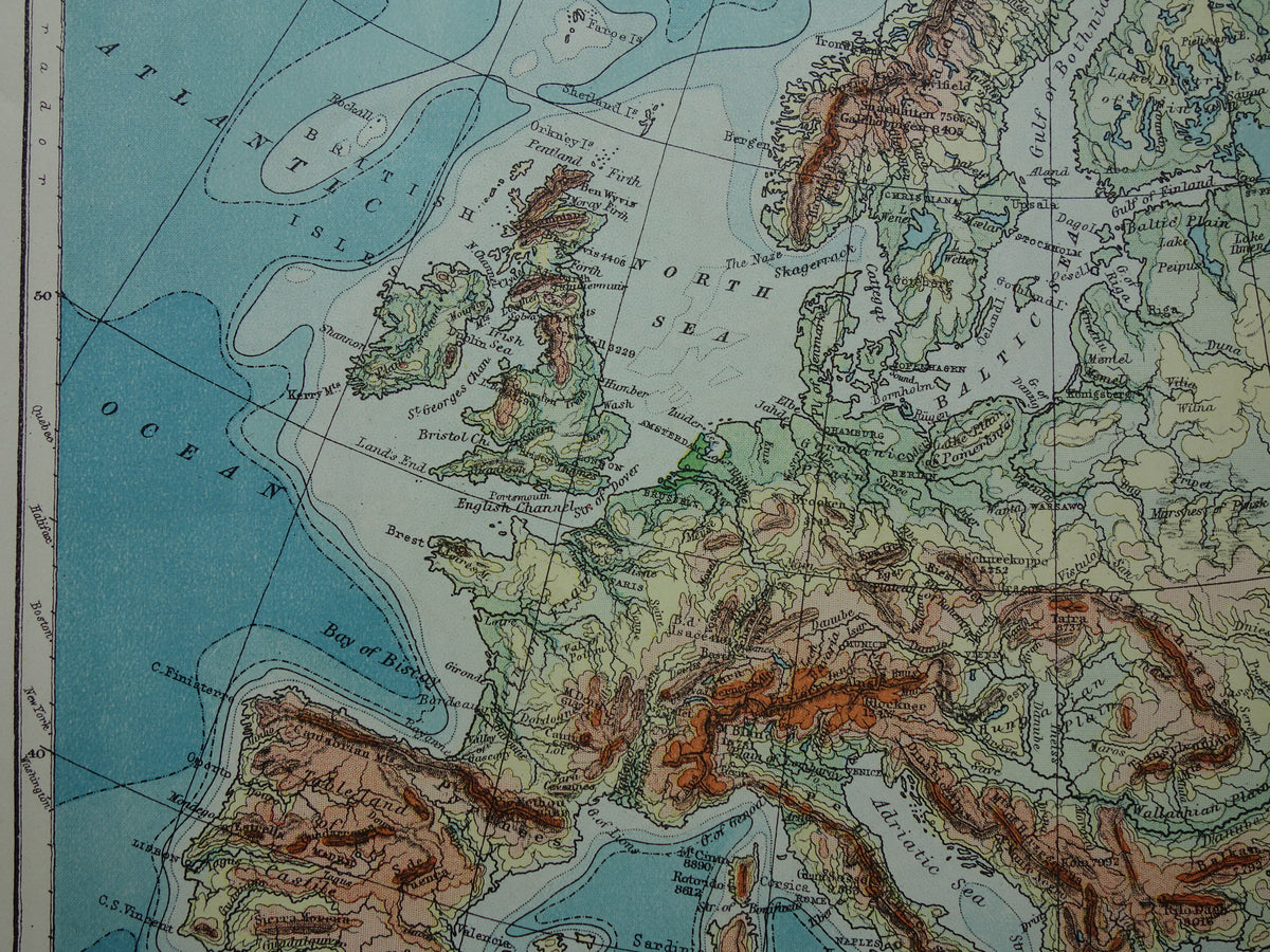 EUROPE Old physical map of Europe from 1901 original antique English map elevation map