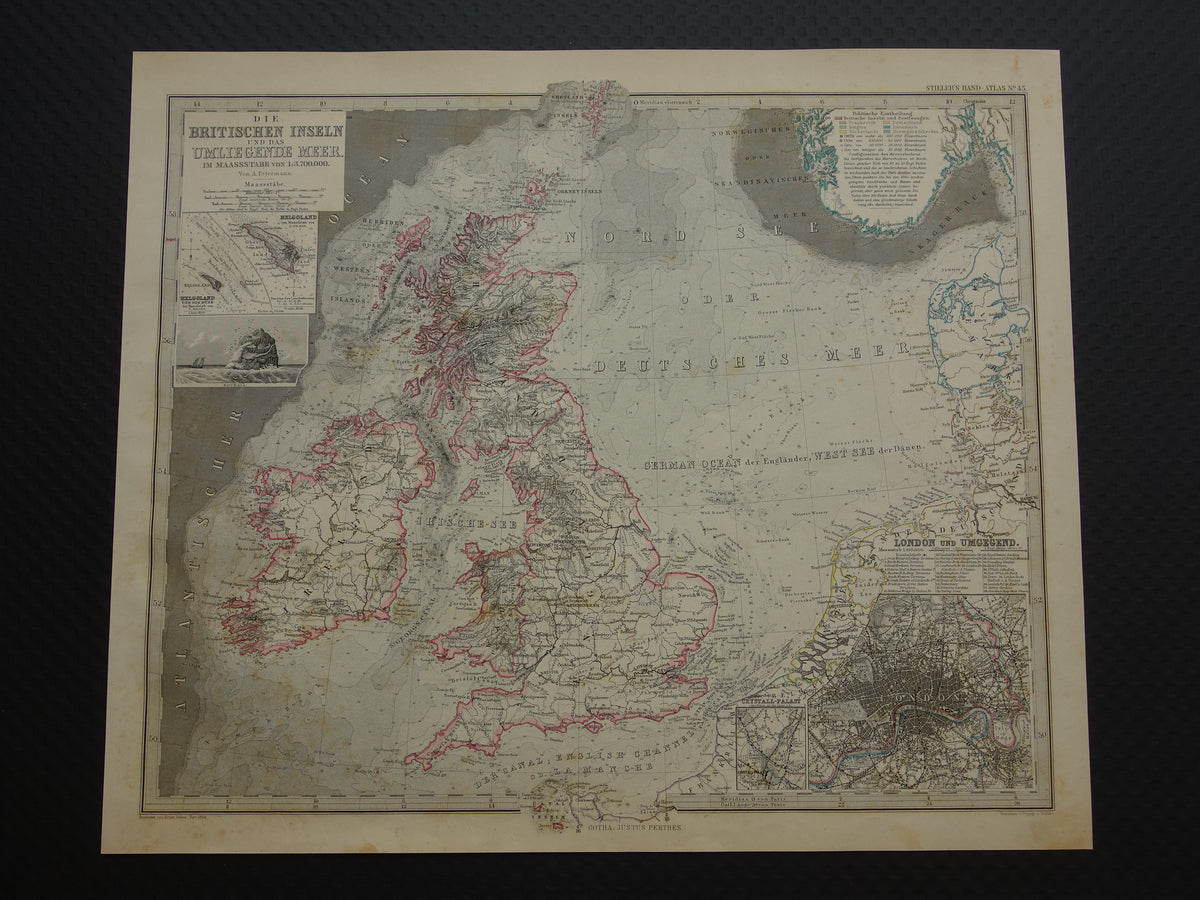 NOORDZEE Antieke kaart van Britse eilanden 1884 originele oude Duitse landkaart / zeekaart Engeland