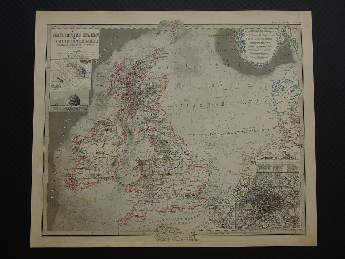 NOORDZEE Antieke kaart van Britse eilanden 1884 originele oude Duitse landkaart / zeekaart Engeland