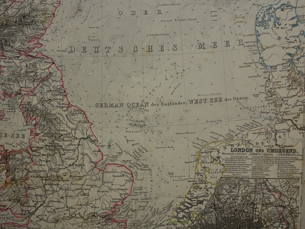 NOORDZEE Antieke kaart van Britse eilanden 1884 originele oude Duitse landkaart / zeekaart Engeland