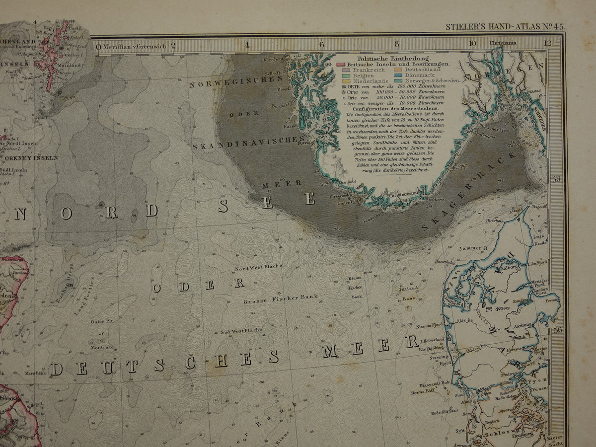 NOORDZEE Antieke kaart van Britse eilanden 1884 originele oude Duitse landkaart / zeekaart Engeland