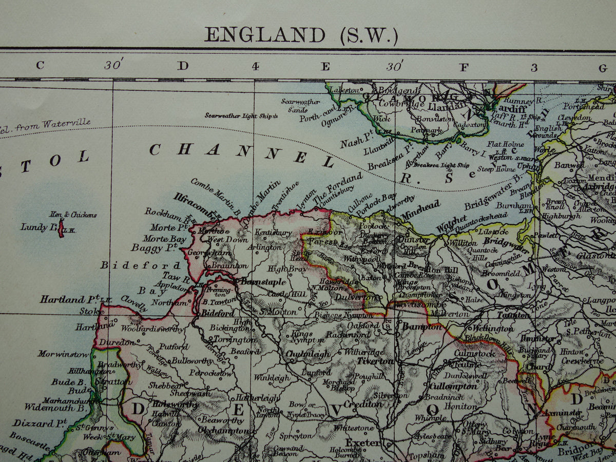 ENGELAND Oude kaart van Zuidwest Engeland uit 1901 originele antieke Engelse landkaart