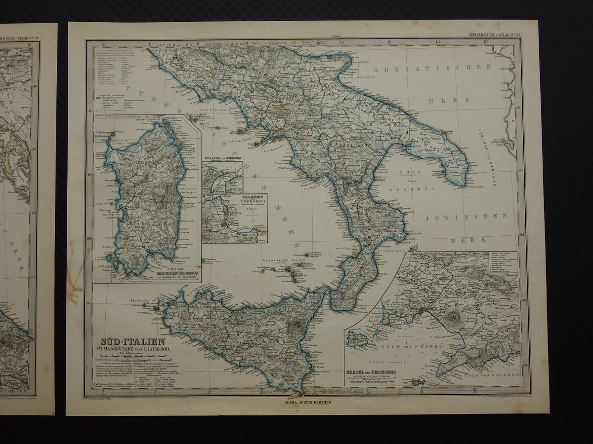 Large 140+ year old map of Italy 1884 Hand colored original antique map with date