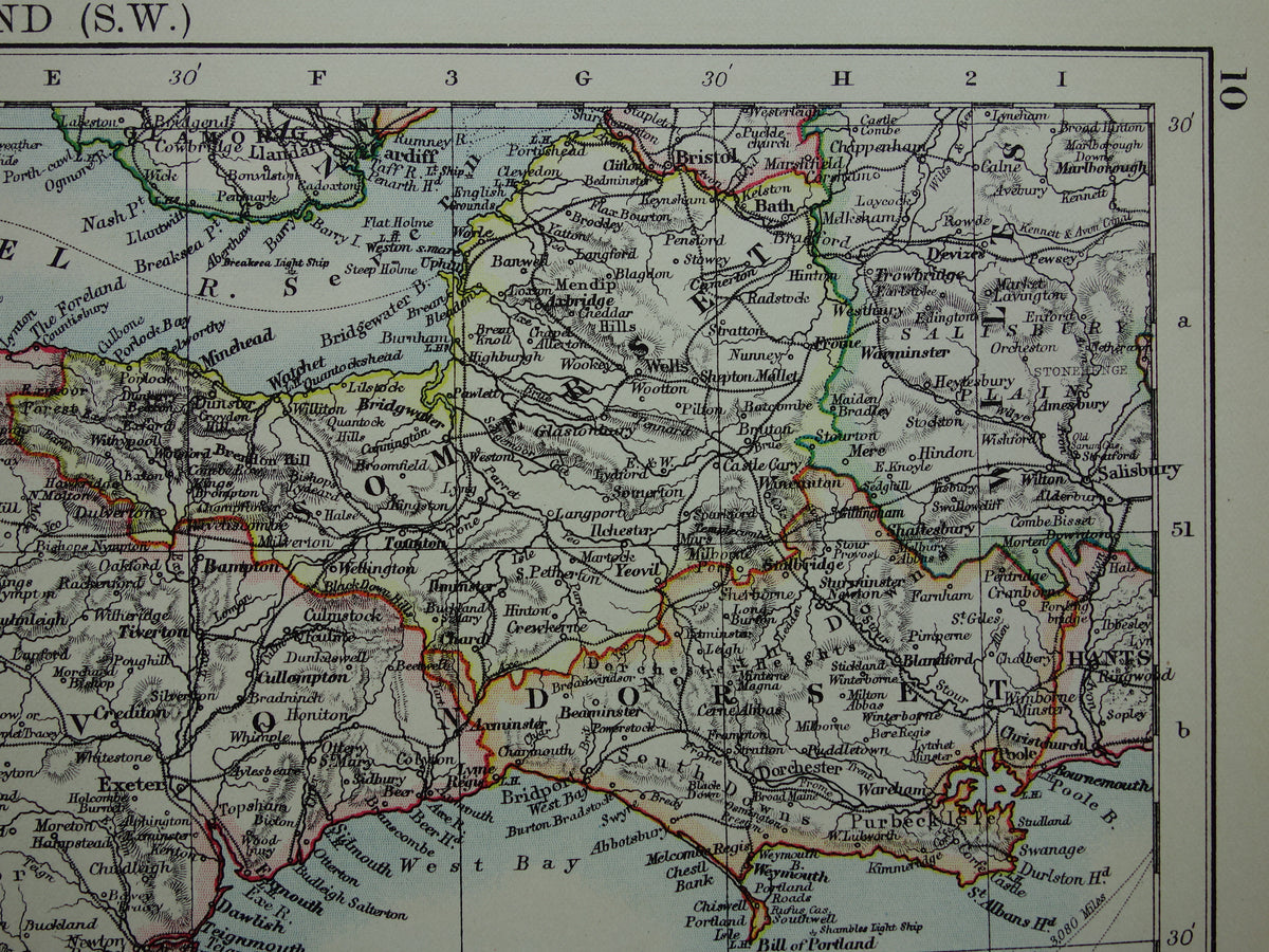 ENGELAND Oude kaart van Zuidwest Engeland uit 1901 originele antieke Engelse landkaart