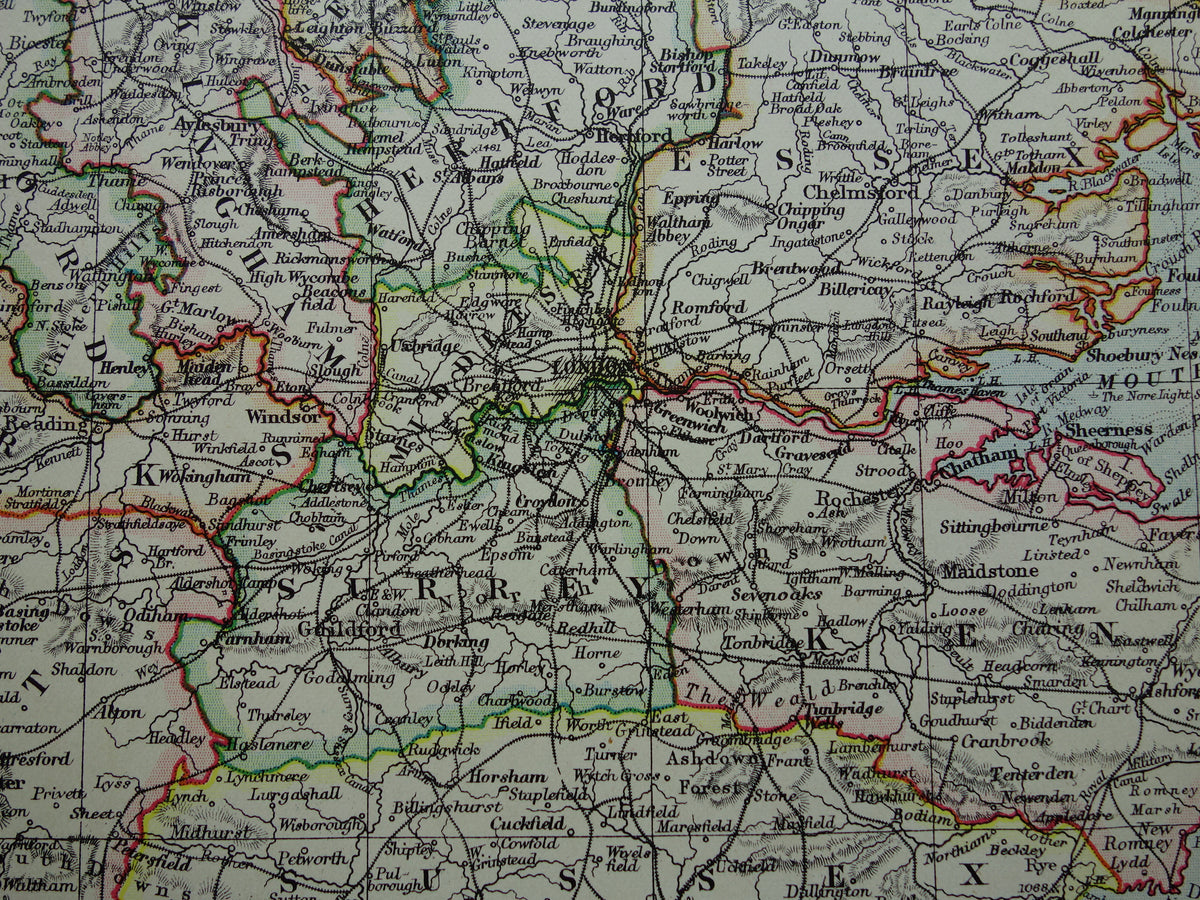ENGELAND Oude kaart van Zuidoost Engeland uit 1901 originele antieke Engelse landkaart